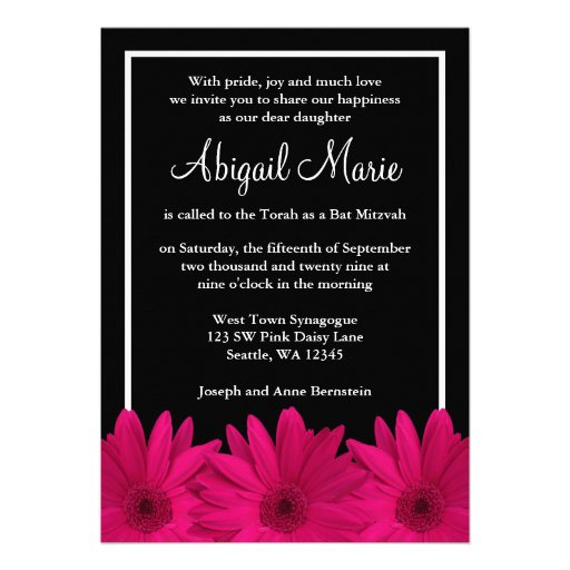 Pink and Black Gerbera Daisy Bat Mitzvah Personalized Invites (front side)
