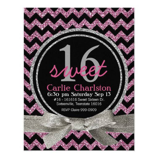 Pink and Black Glitter Look Chevron Sweet 16 Party Custom Announcement (front side)