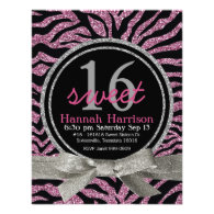 Pink and Black Glitter Look Zebra Sweet 16 Party Invite