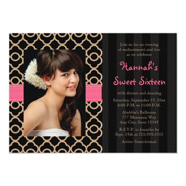 Pink and Black Gold Moroccan Sweet Sixteen Photo Card