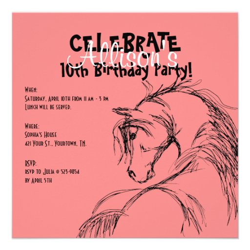 Pink and Black Horse Head Sketch Birthday Invite
