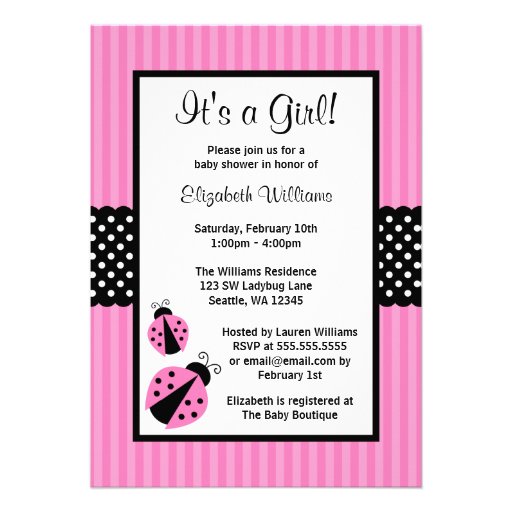 Pink and Black Ladybug Striped Dots Baby Shower Custom Announcement (front side)
