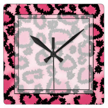 Pink and Black Leopard Print Pattern. Square Wall Clocks