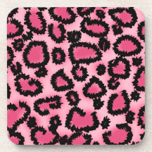 Pink and Black Leopard Print Pattern. Drink Coasters