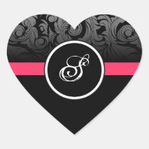 Pink and Black Monogram Heart Damask Stickers