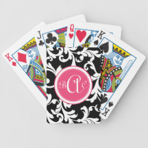 Pink and Black Monogrammed Damask Print Bicycle Poker Deck