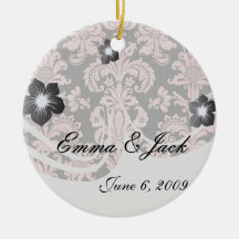 pink and black ornate fleur chic damask christmas ornaments