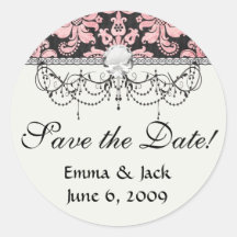 pink and black ornate fleur chic damask round sticker