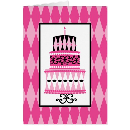 Pink and Black Party Cake Greeting Cards