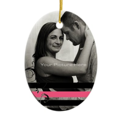 Pink and Black Photo Engagement Christmas Ornaments