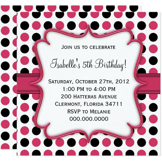 Pink And Black Polka Dot Birthday Invitation | Zazzle