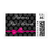 Pink and Black Polka Dot Bow Bat Mitzvah Postage Stamp