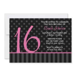 Pink and Black Polka Dot Stripes Sweet 16 Birthday invitation