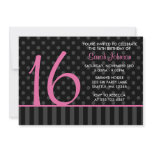 Pink and Black Polka Dot Stripes Sweet 16 Birthday Personalized Invitations