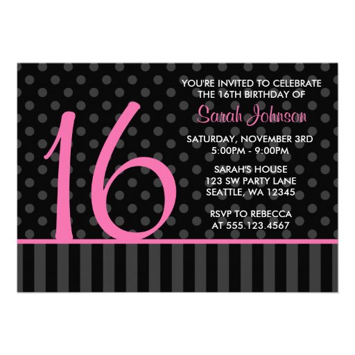 Pink and Black Polka Dot Stripes Sweet 16 Birthday Personalized Invitations (front side)