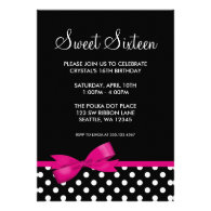 Pink and Black Polka Dots Bow Sweet 16 Birthday Announcement