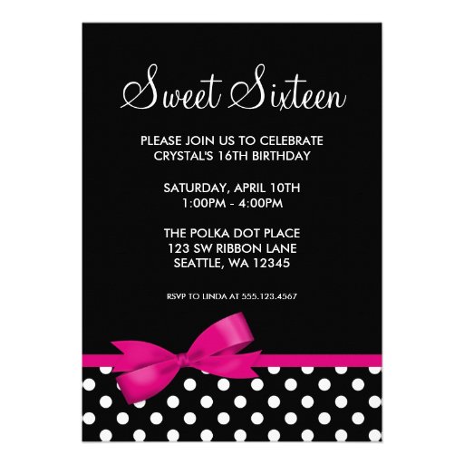 Pink and Black Polka Dots Bow Sweet 16 Birthday Announcement