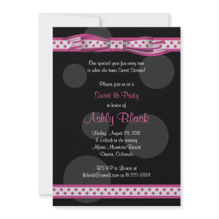Pink and Black Polka Dots Sweet 16 Birthday Invitations