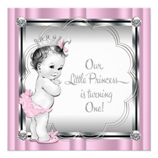 Pink and Black Princess 1st Birthday Party Announcements