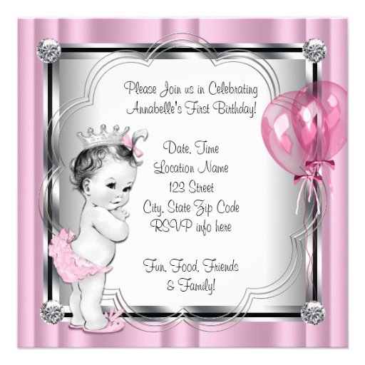 Pink and Black Princess 1st Birthday Party Announcements