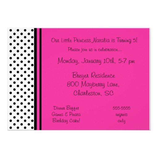Pink and Black Princess 5x7 Birthday Invitations