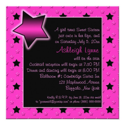 Pink and Black Stars Sweet Sixteen Invitation