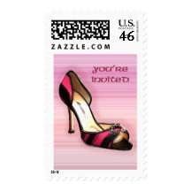 Pink and Black Stripe Pumps Invite Postage Stamps