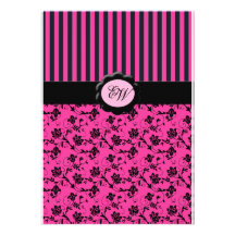 Pink and Black Striped Monogram Damask Invitation