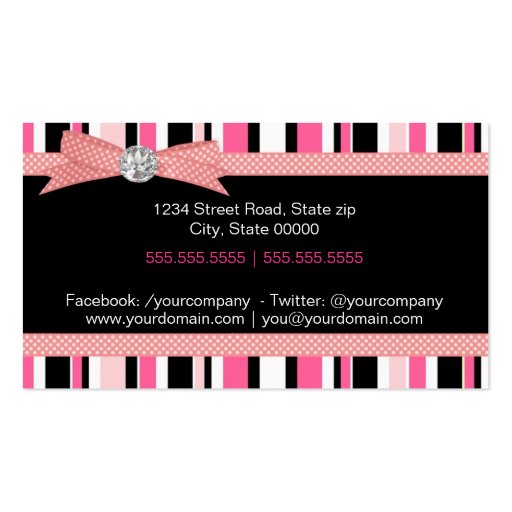 Pink and black stripes with bow business card (back side)