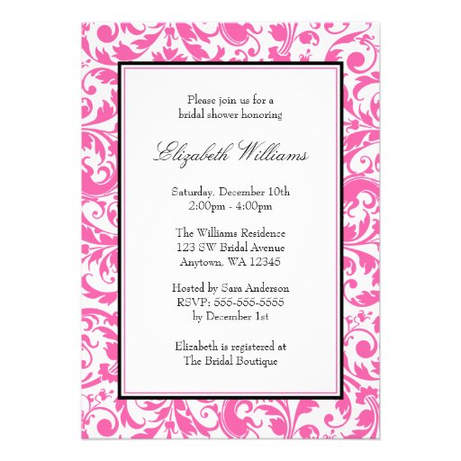 Pink and Black Swirl Damask Bridal Shower Announcement