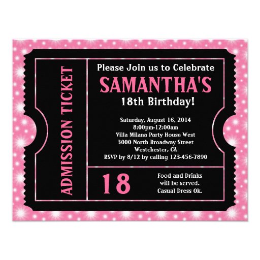 Pink and Black Ticket Invitation, Any Age