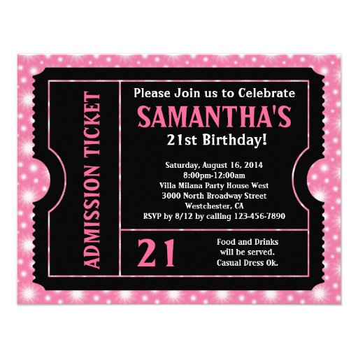 Pink and Black Ticket Invitation, Any Age (front side)