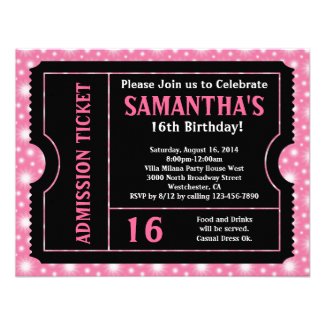 Pink and Black Ticket, Sweet 16 or Any Age Personalized Announcements