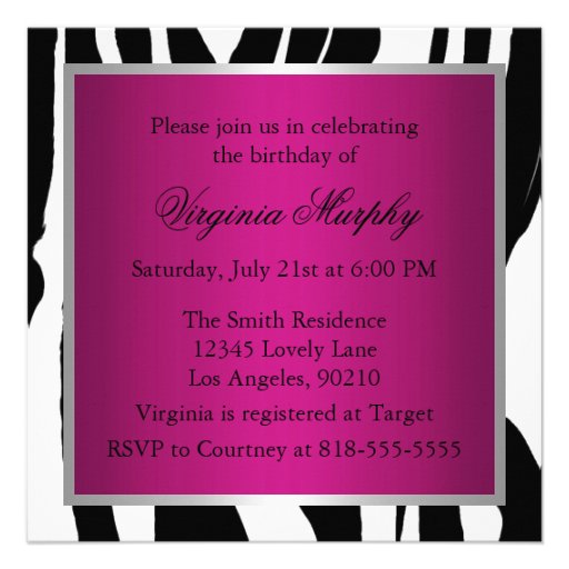 Pink and Black Zebra Birthday Party Invitation