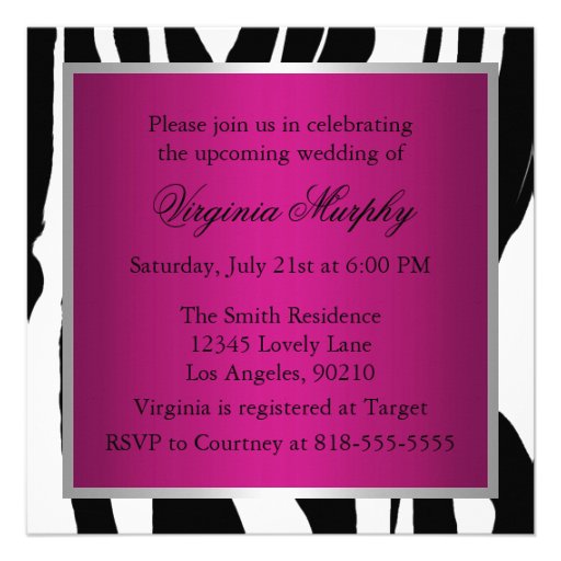Pink and Black Zebra Bridal Shower Personalized Invitations