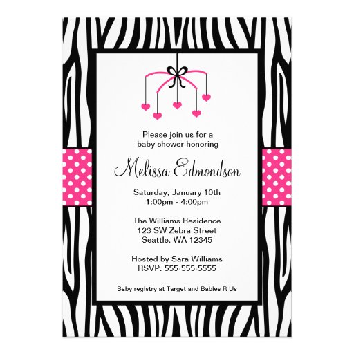 Pink and Black Zebra Heart Mobile Baby Shower Invite
