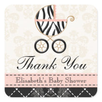 Pink and Black Zebra Print Baby Carriage Thank You stickers
