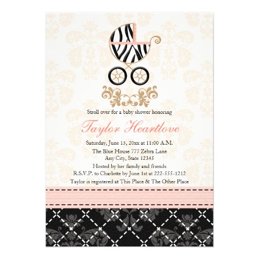 Pink and Black Zebra Print Carriage Baby Shower Invitation