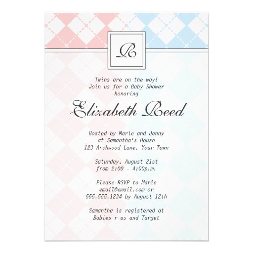 Pink and Blue Argyle Monogrammed Twins Baby Shower Cards