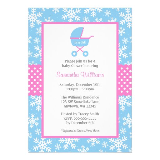 Pink and Blue Carriage Snowflakes Baby Shower Personalized Invitation