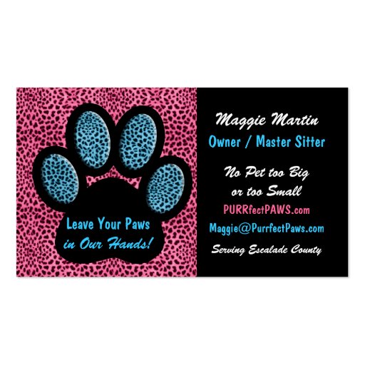 Pink and Blue Cheetah Print Custom Paw Pet Sitter Business Card Template (back side)