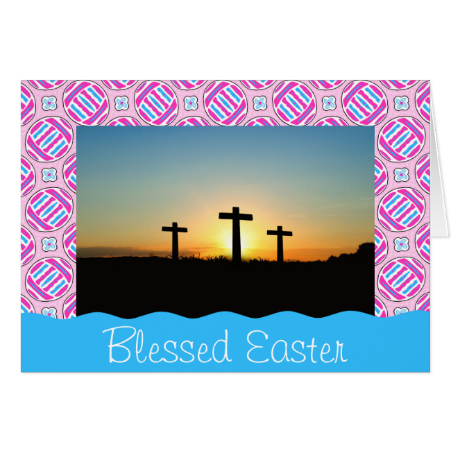 Pink and Blue Colorful Easter Eggs and Flowers Note Card