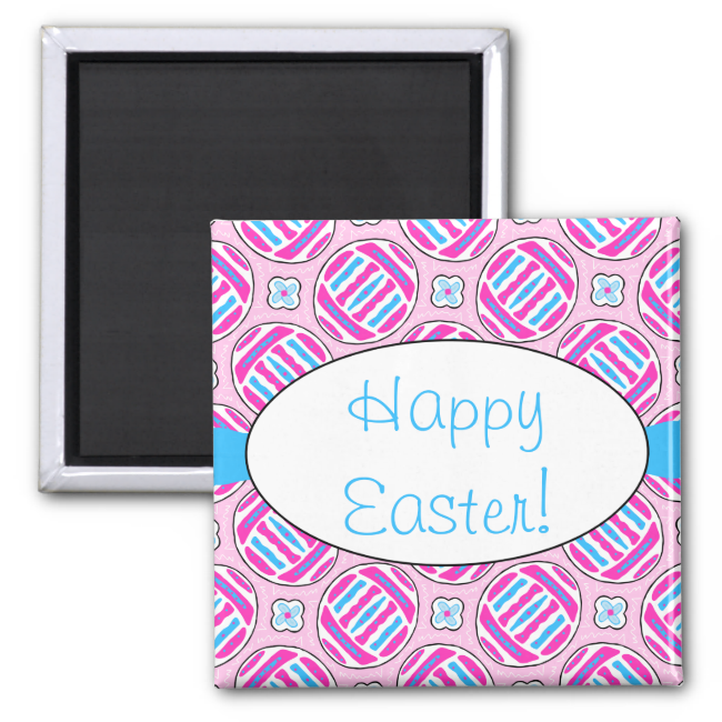 Pink and Blue Colorful Easter Eggs and Flowers 2 Inch Square Magnet