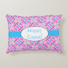 Pink and Blue Colorful Easter Eggs and Flowers Accent Pillow