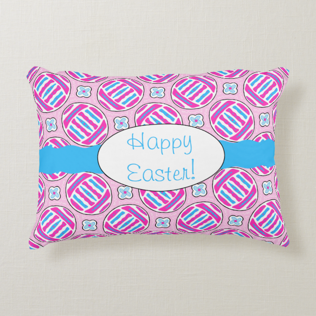 Pink and Blue Colorful Easter Eggs and Flowers Accent Pillow
