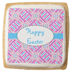 Pink and Blue Colorful Easter Eggs and Flowers Square Premium Shortbread Cookie