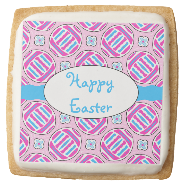 Pink and Blue Colorful Easter Eggs and Flowers Square Premium Shortbread Cookie