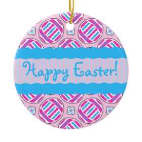Pink and Blue Colorful Easter Eggs and Flowers Round Ceramic Ornament