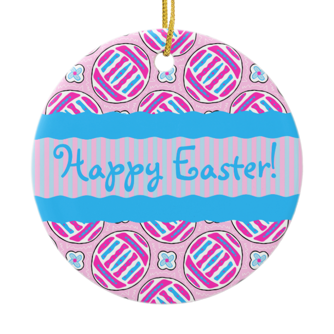 Pink and Blue Colorful Easter Eggs and Flowers Round Ceramic Ornament