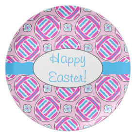 Pink and Blue Colorful Easter Eggs and Flowers Plate